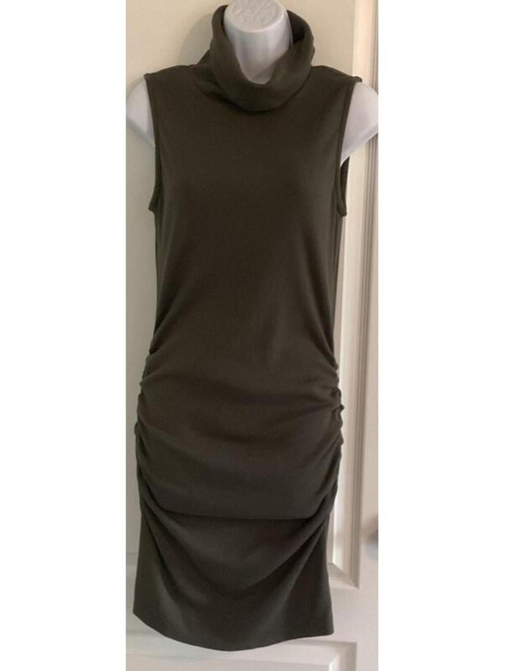 Sleeveless Olive Green Turtleneck Ruched Dress
